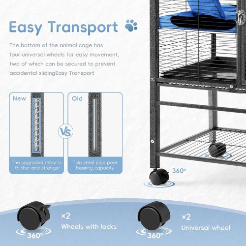HABUTWAY 55''H Large Metal Rolling Ferrets Cage, Cage for Rats/Chinchillas, 0.5'' Bar Spacing for Ferret,Small Animal Cage w/Removable Ramp & Platform