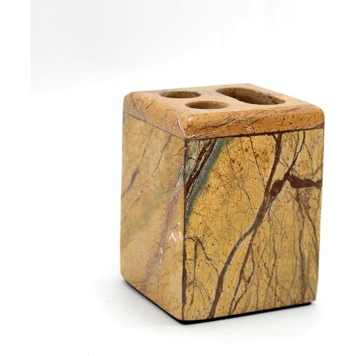 Set of 4 Color Brown Bathroom Accessory Set Made from Natural Stone - Bath Accessories Set of 4 Includes Soap Dispenser, Toothbrush Holder, Tumbler and Soap Dish (Brown)
