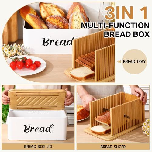 Bread Box with Bread Slicer Storage Container for Kitchen Countertop Food Storage with Multifunction Bamboo Lid, 3 in 1 Breadbox Removable Cut Board for Loaf Slicing (White,Wood, Metal,Bamboo)