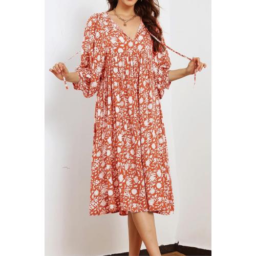 Size medium R.Vivimos Womens Summer Casual Midi Dress Lantern Sleeve Tie V Neck Boho Floral Print Loose Fit Flowy Long Dresses