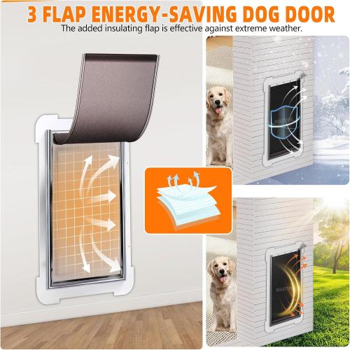 MIAOTONG 3-Flap Dog Door for Wall, Energy-Efficient Insulated Pet Door for Wall, Aluminum Lock Doggy Door for Wall,Steel Frame and Telescoping Tunnel Dog Doors(Pets Up to 100 Lb) -Large
