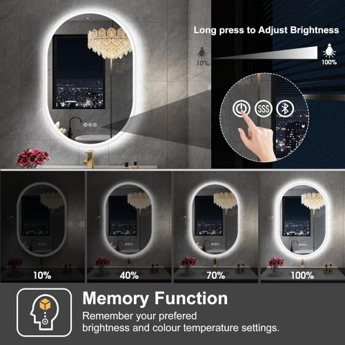 S'bagno 24x36 Oval LED Bathroom Mirror with Lights, Anti-Fog, Bluetooth Speaker, 3 Colors Temperature & Dimmable, Lighted Mirrors for Bathroom Wall with Memory Function, Waterproof, Shatter-Proof
