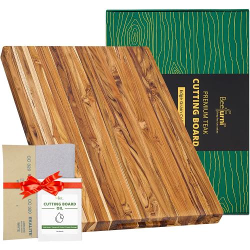 BEEFURNI Teak Wood Cutting Board without Juice Groove (L, 22x16x1.25), Large Wooden Cutting Boards for Kitchen, Chopping Board Wood, Butcher Block, Charcuterie Board, Gift Box Included
