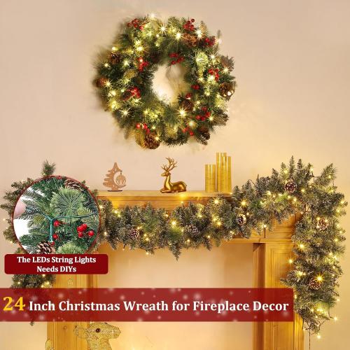 24 Inch Lighted Christmas Wreaths for Front Door, Christmas Wreath Outdoor with Pinecones Berried 50 Warm White & Multicolor Lights 8 Modes Timer Norfolk Pine Wreath Xmas Wreaths for Home Wall Window