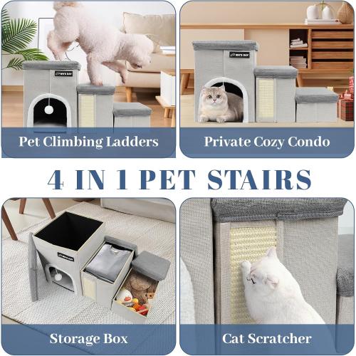 Dog Stairs for Bed Couch Folding with Storage, Dog Stairs for Small Dogs to Get On Bed with Cat Condo, Steps for Large Medium Dogs, Old Cat Pet Stair Steps for High Beds 17.2 H, Pet Ramp Up to 220LBS