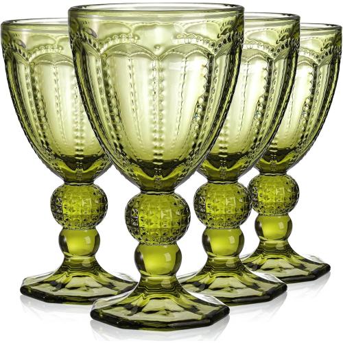 Elsjoy Set of 4 Vintage Green Wine Glass, 8.5 Oz Embossed Glass Goblet Colored Stemmed Drinking Glassware, Beverage Stemware for Juice, Cocktail, Party Wedding