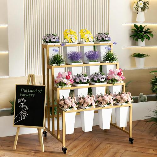 Flower Display Stand with 16 Buckets, 4 Layers Flower Bar, Gold Metal Plant Stand with Wheels, Heavy Duty Flower Cart for Indoor Outdoor Patio Garden Wedding Florist, Gold Metal Frame