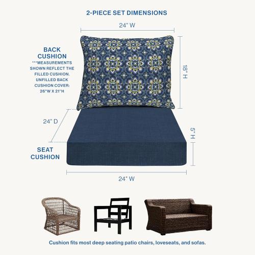 Size 24x24 Color Blue Honeycomb Outdoor Essentials Deep Seat, 24 x 24, Medina Medallion Blue Chair Cushion for Patio Furniture