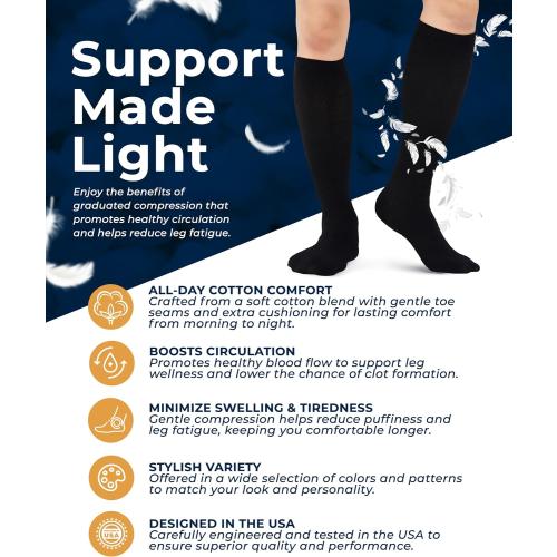 Pembrook Light Cotton Compression Socks for Men & Women - 3 Pairs | 8-15 mmHg Light Compression Socks for Men, Comfort and Support