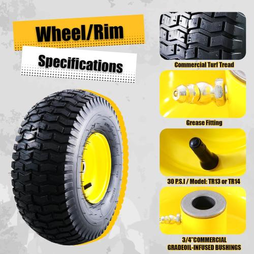 MZREXN 15x6.00-6 Lawn Mower Tires and Wheel Assembly, Front Tires Replacement, Compatible with John Deere & More Riding Mowers, 4 Ply Pneumatic, 3 Offset Hub, 3/4 Bearings, Tubeless, 2PCS