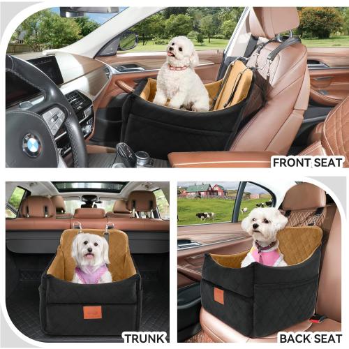 Dog Car Seat for Small/Medium Dogs, Dog Booster Car Seats with Thick Cushion for Dogs Under 35lbs, Detachable Washable Pet Carseat with Storage Pockets, 2 Safety Belts(Black/Coffee)