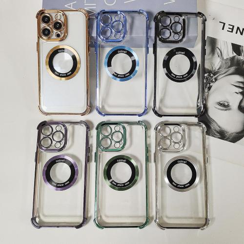 for iPhone 15 Pro Max Magnetic Transparent Case,Luxury Bling Four Corners Shockproof Military-Grade Protection with Camera Lens Protector MagSafe Clear Plating Cover for Women Men-Golden