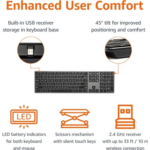 Amazon Basics Ultra Premium Wireless Keyboard and Mouse Combo - Rechargeable, Ultra Slim Design, Quiet, Full Size, Number Pad, Unifying Receiver, Black