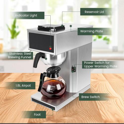 12-Cup Pourover Commercial Coffee Maker Brewer with Glass Carafe and Warmers- 120V