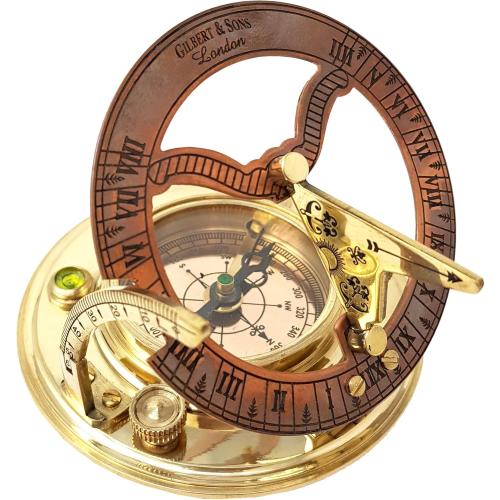 Brass Nautical - Antique Brass & Copper Sundial Compass, Sundial Clock in Box Gift Sun Clock Ship Replica Watch