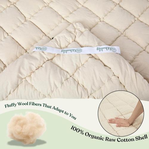Organic Merino Wool Mattress Topper 1650 GSM - Pillow Top Mattress Pad, Handmade, Non-Toxic, Cooling and Hypoallergenic Wool Topper for Back Pain Relief (Queen)