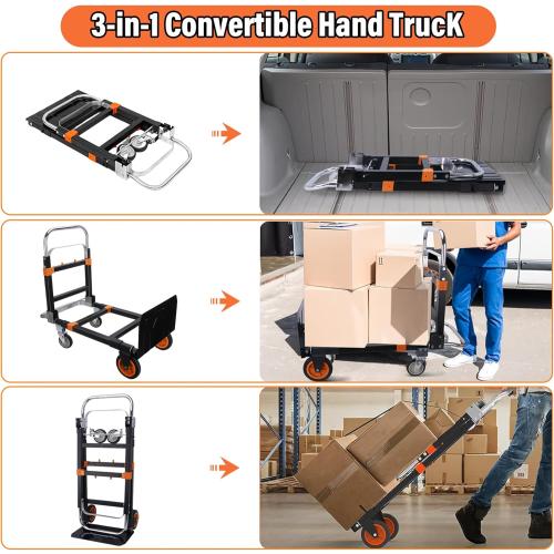 Upgraded 3 in 1 Folding Hand Truck, 500lbs Capacity Heavy Duty Convertible Dolly cart with Rubber Wheels, Collapsible Hand Truck Foldable with Telescopic Handle, Trolley for Moving, Office, Warehouse