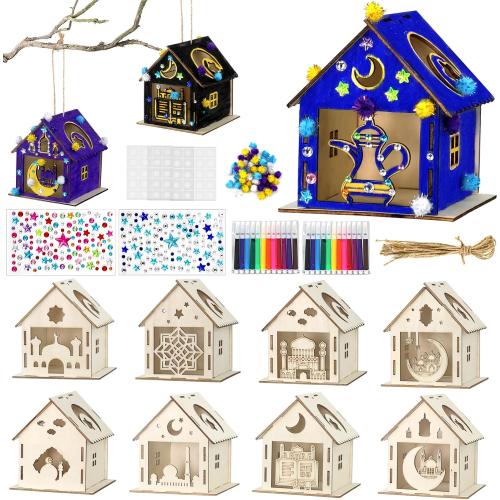 MUOUAKATE 9PCS Ramadan Crafts Wooden House with 24 Paint Pens, Ramadan Activities for aldults, Islamic DIY Ramadan Goodies for Eid Mubarak Gifts Favors Party Supplies Bulk Decorations