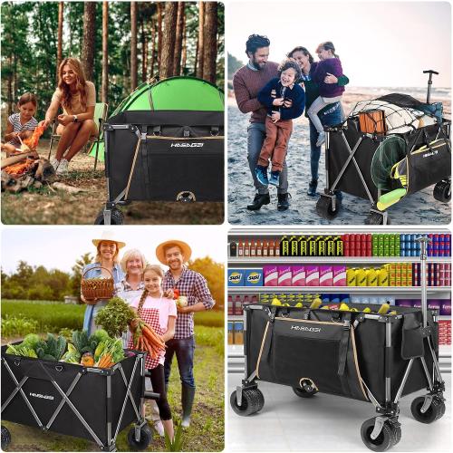 Collapsible Wagon Cart Outdoor 8.48 Cubic Feet Folding Utility Wagon 330 lbs Capacity Heavy Duty Beach Wagon with Big Wheels for Camping Beach Garden