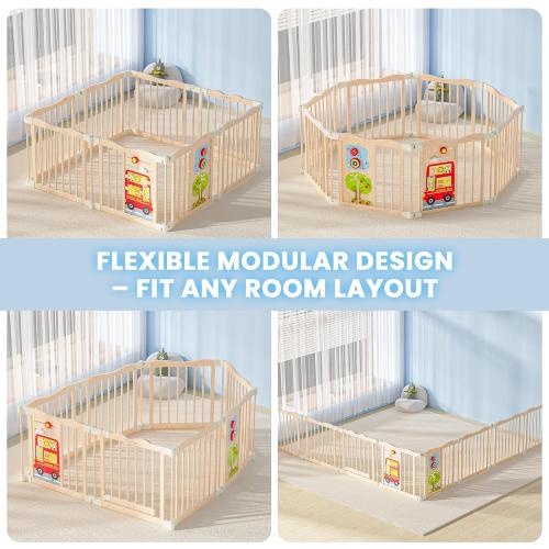 Foldable Wooden Playpen, 55 x 55 x 24 inches, Animal Bus, Natural | Adjustable Wood Baby Play Yard with Child-Proof Lock, Indoor Large Safety Fence for Babies and Toddlers, Easy Assembly