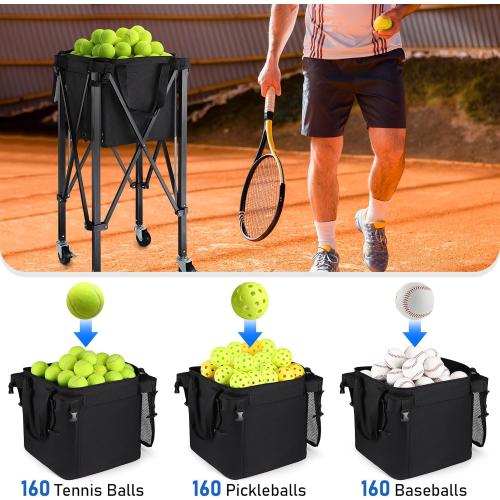 TOBWOLF Foldable Tennis Ball Hopper,Holds 160 Balls, Portable Tennis Ball Hopper with Wheels,Upgraded Large Capacity Pickleball Ball Holder for Baseball Softball Pickleball Training
