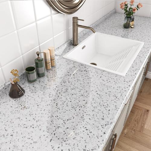 LaCheery 160x36 Terrazzo Countertop Contact Paper for Countertops White Granite Contact Paper for Kitchen Counter Top Peel and Stick Waterproof Self Adhesive Wallpaper for Bathroom Quartz Desk Table