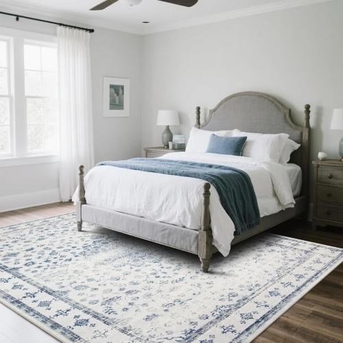 Srugn Washable Rugs 8x10 Area Rugs for Living Room,Rugs for Bedroom,Large Carpets,Ultra Soft Faux Wool Retro Dining Room Rug,Non Slip&Non-Shedding Low Pile Vintage Print Rug for Home Office-Blue