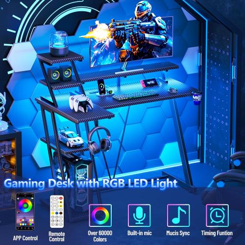 40 Inch Black Carbon Fiber Gaming Desk with LED Lights & Power Outlet, Small Gaming Computer Desk with Storage Shelves, L Shaped Gamer Workstations with Monitor Stand for Bedroom