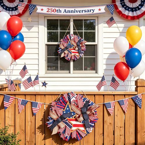 Spiritlele 250th Anniversary USA Door Sign Star Patriotic Wreath 4th of July Memorial Day Hanging Garland Indoor Decoration for Front Door Home Office Celebration Gift