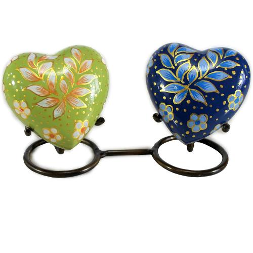 Set of 2 Size 3 Color Blue and green eSplanade Mini Heart-Shaped Cremation Urn Keepsakes Memorial Jar Pot Container - Set of 2 | Small Urns for Funeral Ashes Burial | Multi Printed Metal Keepsakes | Blue and Green - 3 Inches