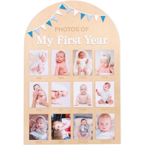 Photos of My First Year Wood Board - Newborn 1 to 12 Months Photo Display,1st Birthday Growth Photos Record Sign,Monthly Milestone Photo Board,Rustic Keepsake Nursery Decorations