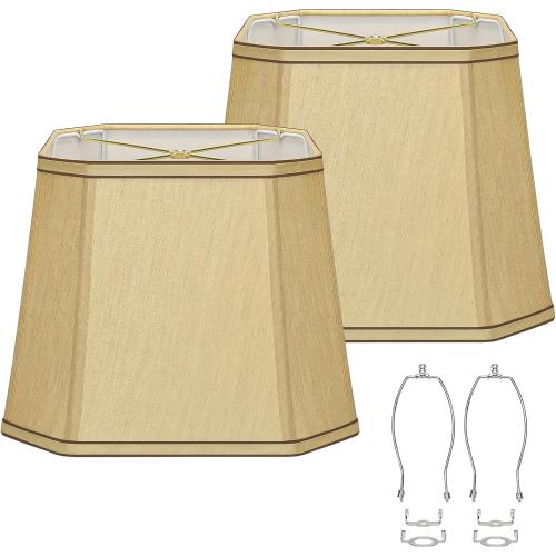 Rectangle Cut Corner Lamp Shades Set of 2, 10.5 x 10x 13 Modern Medium Gold Lampshades with Brown Rim, Included 2 Pack Lamp Harps, Suitable for E26 Base and Saddle Base, Easy Assembly Required
