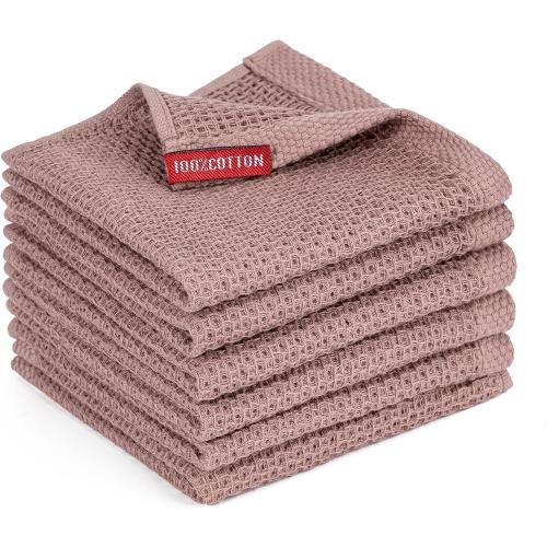 BOOMIBOO 6-Pack Kitchen Dish Cloths, 100% Cotton Waffle Weave, Ultra Soft Absorbent, Quick Drying Dish Towels, 12x12 Inches, Brown