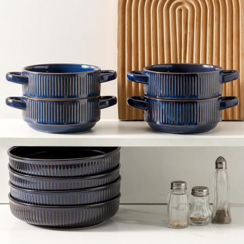 Soup Bowls with Handles, 23 oz French Onion Soup Crocks, Stackable Soup Bowl Oven Safe for Chili, Beef Stew, Embossment Ceramic Bowl Set - 5.4 Inch, Set of 4,Blue