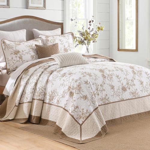 Brown, Beige, and White DDUOXIN Botanical Super Oversized King Bedspread - 128 W x120 L Extra Wide 100% Cotton California Quilt, Lightweight Reversible Oversize Bedspreads with 2 Pillow Shams