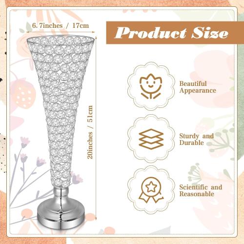 Rtteri 4 Pcs 20 Inch Tall Crystal Vase for Centerpieces Wedding Christmas Metal Crystal Trumpet Flower Vase Stand for Holiday Table Floor Wedding Banquet Celebration, Classic Elegance(Silver)
