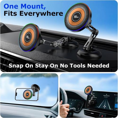 for 15W Magsafe Car Mount Charger, Magnetic Wireless Car Mount Charger with Vacuum 360°Adjustable Metal Head [120 LBS Strongest Suction], Cell Phone Holder for Your Car for iPhone 12–17 Series