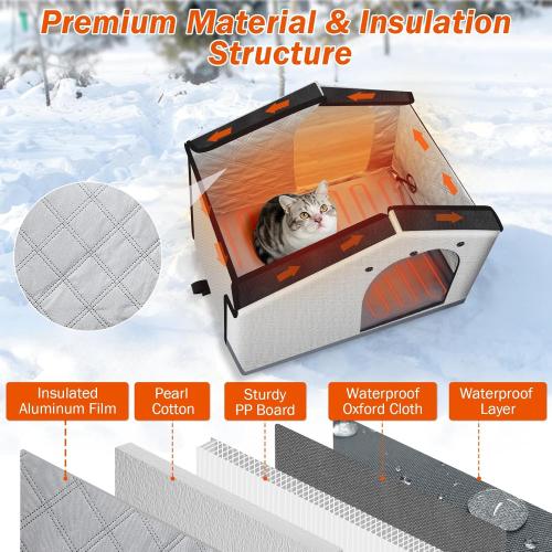 Insulated Heated Cat House Indoor/Outdoor, Weatherproof Cat House with Heated Pad for Winter, Outside Shelter for Feral Cats and Small Dogs (20x17x16)