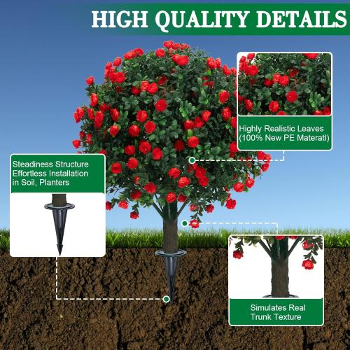 Set of 2 Artificial Boxwood Topiary Ball Trees with Red Flowers for Outdoor with Ground Spike 22, UV Resistant Faux Greenery Shrubs, Fake Plants for Garden, Yard, Porch, Patio Valentine's Day Decor