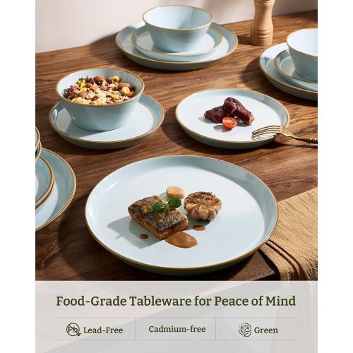 Famiware Saturn Plates and Bowls Dish Set Stoneware Dinnerware Set with Hand-Painted Trim - Chip & Scratch Resistant, Microwave & Dishwasher Safe Ceramic Dishes, Light Blue