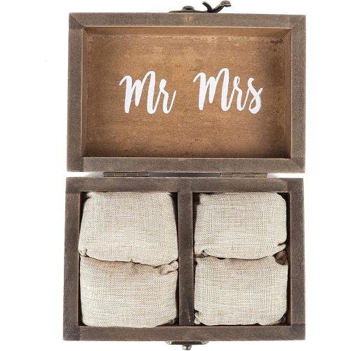 Juvale Ring Bearer Box - 6 x 4 x 2 in, Brown Rustic Wood - Wedding Ring Box for Ceremony with Burlap Pillow & Mr & Mrs Inscription