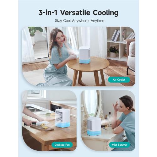 HiCOZY Portable Air Cooler with 2 Ultrasonic Mist Levels & 3 Fan Speeds, Evaporative Air Cooler with Detachable 650ml/23oz Water Tank, 3-in-1 Air Cooling Fan for Desktop, Office and Bedroom (Blue)