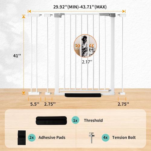 41 Tall Safety Pet Gate,Adjustable 29.92-43.71 Wide,No Drilling Pressure Mount Kit,Auto Close Cat Gate Suitable for Stairs,Doorways,White (29.92-43.71 W)