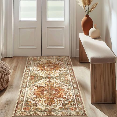 Size 2'x5' Color Khaki Boho Washable Kitchen Rug, Non-Slip Soft Low Pile Rugs Indoor for Entrance Bedroom Bathroom Living Room,Vintage Throw Hallway Carpet Stain Resistance (Khaki, 2x5ft)
