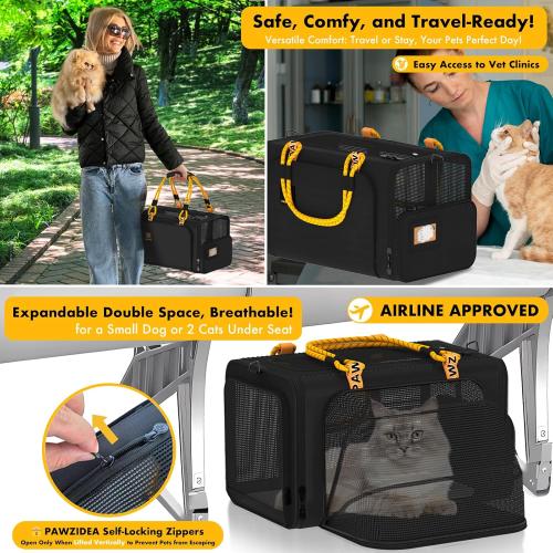PAWZIDEA Expandable Pet Carrier with Wheels, 18x11x11 TSA Airline Approved Cat Carrier for 2 Cats Under Seat, Soft-Sided Dog Carrier for Small Dogs Rolling Travel Bag w/Telescopic Handle, ID Card