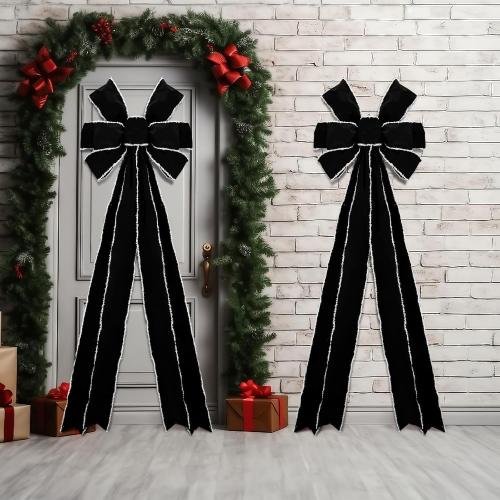 Hungdao Black 71 x 24 Inch Velvet Bow Giant Christmas Tree Topper Extra Large Wreath Bow Decoration Big Ribbon Tie with White Edge for Christmas Tree Xmas Indoor Front Door Wall Accent Porch Entryway