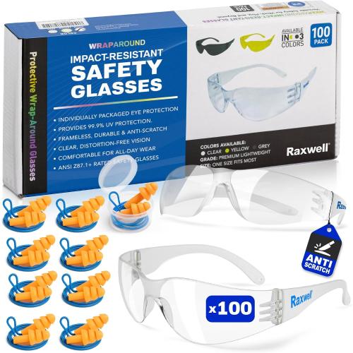 Raxwell Clear Safety Glasses, ANSI Z87.1 Certified Protective Eyewear,Wraparound Anti-Scratch Polycarbonate Lense