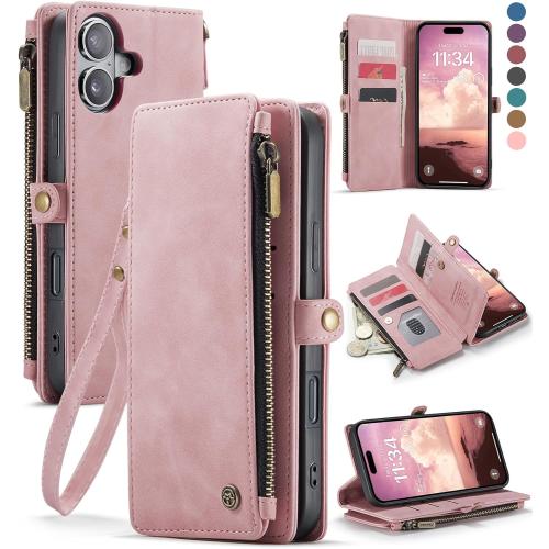 Defencase Compatible with iPhone 17 Case Wallet with RFID Blocking Card Holder for Women and Men, Fashion PU Leather Magnetic Snap Flip Zipper Strap Wallet Phone Case for iPhone 17 6.3, Rose Pink
