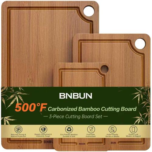 Bamboo Cutting Board for Kitchen, 3-Piece Set with Juice Grooves, Side Handles & Non-Slip Mats – Durable Bamboo Chopping Board for Meat, Vegetables and Fruits