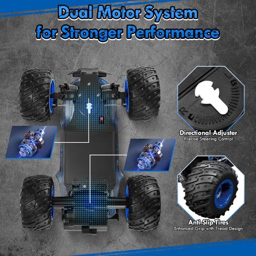 Remote Control Car, 1:18 Rc Cars, All-Terrain RC Truck with LED Light, 20KM/H, Rechargeable, 2WD, 2.4GHz, Sturdy PVC Shell, Remote Control Truck for Boys 4-7 8-12, Beginner